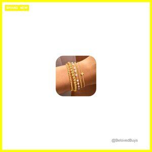 14K Gold Plated Dainty Beaded Pearl Cross Bracelet Stack Set